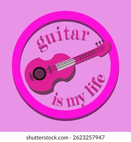 Vector illustration of a guitar in a circle with the inscription: "Guitar is my life." Illustration of a guitar in purple. Purple circle with a guitar on a purple background.