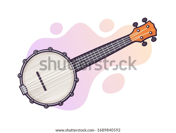Vector illustration. Guitar for country music\
banjo. String plucked musical instrument. Blues, country, folk or\
jazz equipment. Clip art with contour for graphic design. Isolated\
on white background