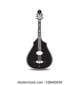 Vector illustration of guitar isolated on a white background in flat design. black and white classic acoustic guitar, string, plucked musical instrument.