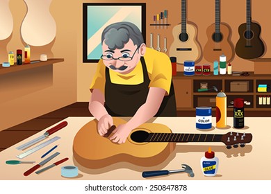 A vector illustration of guitar maker working in his workshop