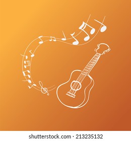 Vector illustration of guitar melody background, simple white on orange