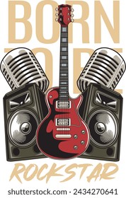 Vector Illustration of Guitar, Microphones and Active Speakers with Hand Drawing Style Available for Tshirt Design