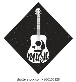 Vector illustration with guitar. Music lettering word. Monochrome black and white inspiration typography poster. Hand drawn style hipster print design