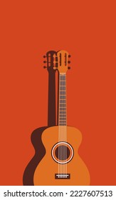 Vector illustration of a guitar on a red background. Minimalistic illustration in trendy colors. Musical concept