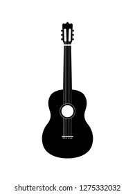 Vector illustration of guitar on white background. Silhouette monochrome icon for music theme.