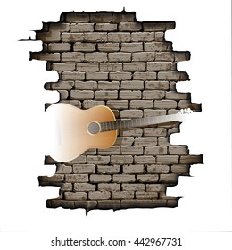 Vector illustration of a guitar in the opening of a brick wall with a white background. Can be used with any image or text.