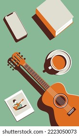 Vector illustration of a guitar and other items on a mint green background. Minimalistic illustration in trendy colors. Music concept or memories or coffee break.