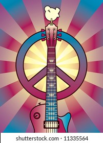 A vector illustration of a guitar, peace symbol and dove dedicated to the Woodstock Music and Art Fair of 1969. Elements are on separate layers for easy editing.