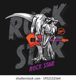 Vector illustration of guitar playing dinosaur. Rock star dinosaur. For boys t-shirt