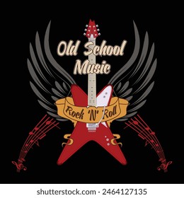 Vector illustration of guitar ribbons and wings. Design for t shirt or poster print. Rock star. Hand drawn for rock-n-roll logo and emblem. Vector illustration. Tattoo.