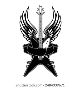 Vector illustration of guitar ribbons and wings. Design for t shirt or poster print. Rock star. Hand drawn for rock-n-roll logo and emblem. Vector illustration. Tattoo.