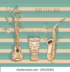 Vector illustration with guitar, saxophone, djembe drum. Template for card or poster design. Live music of nature. eps 10