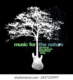 Vektorillustration der Gitarrensilhouette verschmolz mit einem Baum. Kunst in Anspielung auf Natur und Musik.