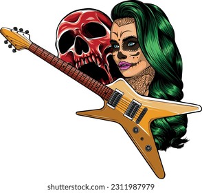 vector illustration of guitar with skull and girl head