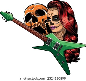 vector illustration of guitar with skull and girl head