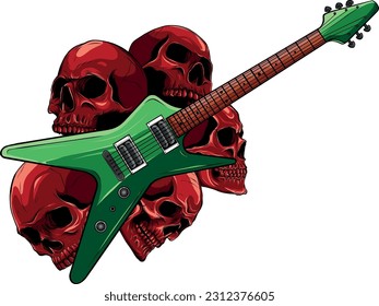 Vector illustration of guitar with skulls on white background