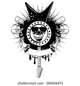 Vector illustration guitar and stamp with grunge skull on dirty background. Hard rock sign. Design for t-shirt or tattoo