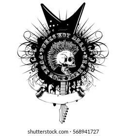 Vector illustration guitar and stamp on grunge background. Imprint contains skull with mohawk and lettering punk not dead and punk rock forever