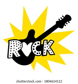 Vector illustration of a guitar with word rock on white background