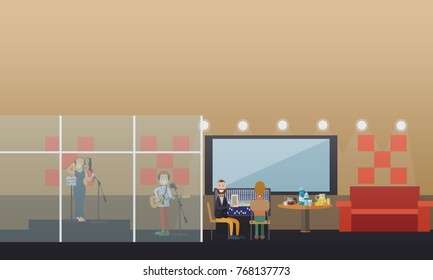 Vector illustration of guitarist in headphones playing guitar singer female in headphones singing in the microphone. Radio studio workers, musicians and singers creating content for radio broadcast.