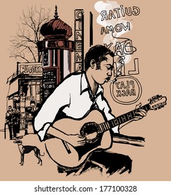 Vector illustration - Guitarist in a street