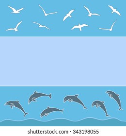 Vector illustration with gulls and dolphins and space for text for graphic design or web design.