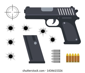 Vector illustration of gun with bullet set and bullet holes on white background. 