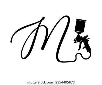 Ilustración vectorial de la letra inicial M del logotipo de pintura en aerosol con arma de fuego