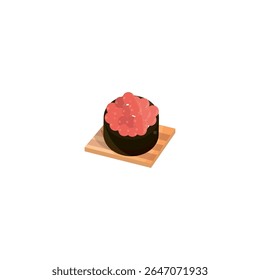 Ilustração vetorial de um sushi gunkan com topping de ovas de salmão (ikura), servido em uma tábua de madeira. Estilo limpo e mínimo no fundo branco. Perfeito para cozinha japonesa, cardápios de frutos do mar e comida-real