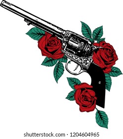 vector illustration of guns on the flower and ornaments floral with tattoo drawing style