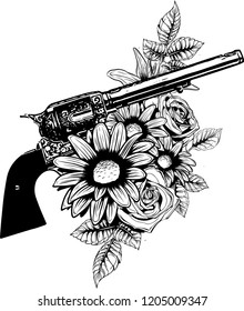 vector illustration of guns on the flower and ornaments floral with tattoo drawing style