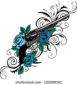 vector illustration of guns on the flower and ornaments floral with tattoo drawing style