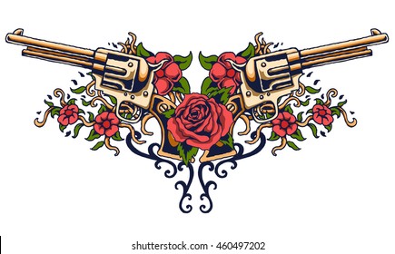 vector illustration of guns on the flower and ornaments floral with tattoo drawing style