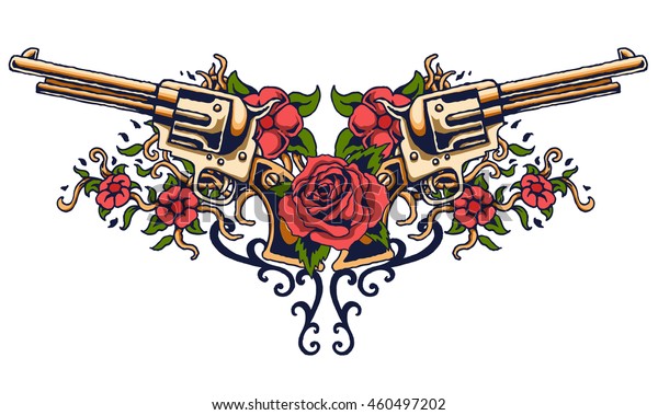 vector illustration of guns on the flower\
and ornaments floral with tattoo drawing\
style