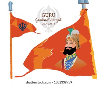 Vector Illustration of Guru Gobind Singh with Sikh's flag vector illustration.