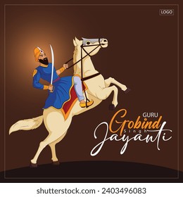 Vector Illustration Guru Gobind Singh ji Jayanti Or Gurupurab with Warrior Horse Editable Banner Template 