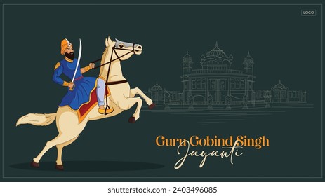 Vector Illustration Guru Gobind Singh ji Jayanti Or Gurupurab with Warrior Horse and golden temple background Editable Template 