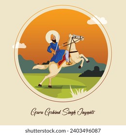 Vector Illustration Guru Gobind Singh ji Jayanti Or Gurupurab with Warrior Horse and mountains background Editable Template 