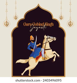 Vektorgrafik Guru Gobind Singh ji Jayanti oder Gurupurab mit Kriegerpferd und Kronleuchtern Bearbeitbare Vorlage 