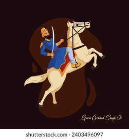 Vector Illustration Guru Gobind Singh ji Jayanti Or Gurupurab with Warrior Horse dark background Editable Post Template 