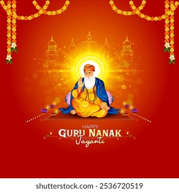 Vector illustration of Guru Nanak. Guru Nanak Jayanti or Gurpurab festival greeting card, poster, banner, social media post card design.