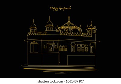 Vector illustration of guru nanak prakash parv. Happy Gurpurab. Golden and white colored temple on black background