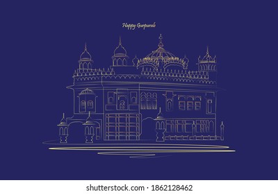 Vector illustration of guru nanak prakash parv. Happy Gurpurab. Golden and white colored temple on dark blue background