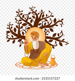 Vector illustration of Guru Nanak sitting under tree on transparent background