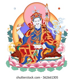 Vector illustration with Guru Padmasambhava. Lotus-Born. Guru Rinpoche was an Indian Buddhist master. It is an emanation of Buddha Amitabha. A symbol of the Tibetan Buddhism. Buddha. Color design.