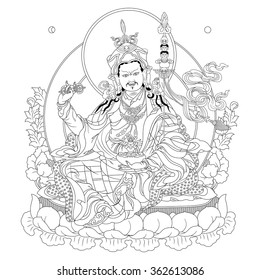 Vector illustration with Guru Padmasambhava. Guru Rinpoche was an Indian Buddhist master. It is an emanation of Buddha Amitabha. A symbol of the Tibetan Buddhism. Buddha. Black and white design.