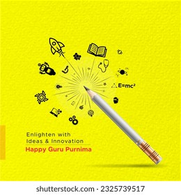 Vector illustration of Guru purnima holiday concept. Happy Guru Purnima Text with Teaching and education background.