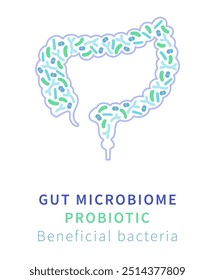 Vector Illustration of the gut microbiome showing beneficial bacteria in the digestive system. Highlights the importance of probiotics for gut health and overall well-being