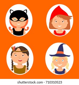 Vector Illustration of gute little girls portraits in halloween costume. Little Red Riding Hood, Pocahontas, Black cat and Witch. Halloween trick or treat illustration.