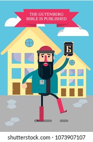 Vector Illustration. The Gutenberg Bible is published. A happy man stands with a freshly printed Bible in his hand, pleased with his work.